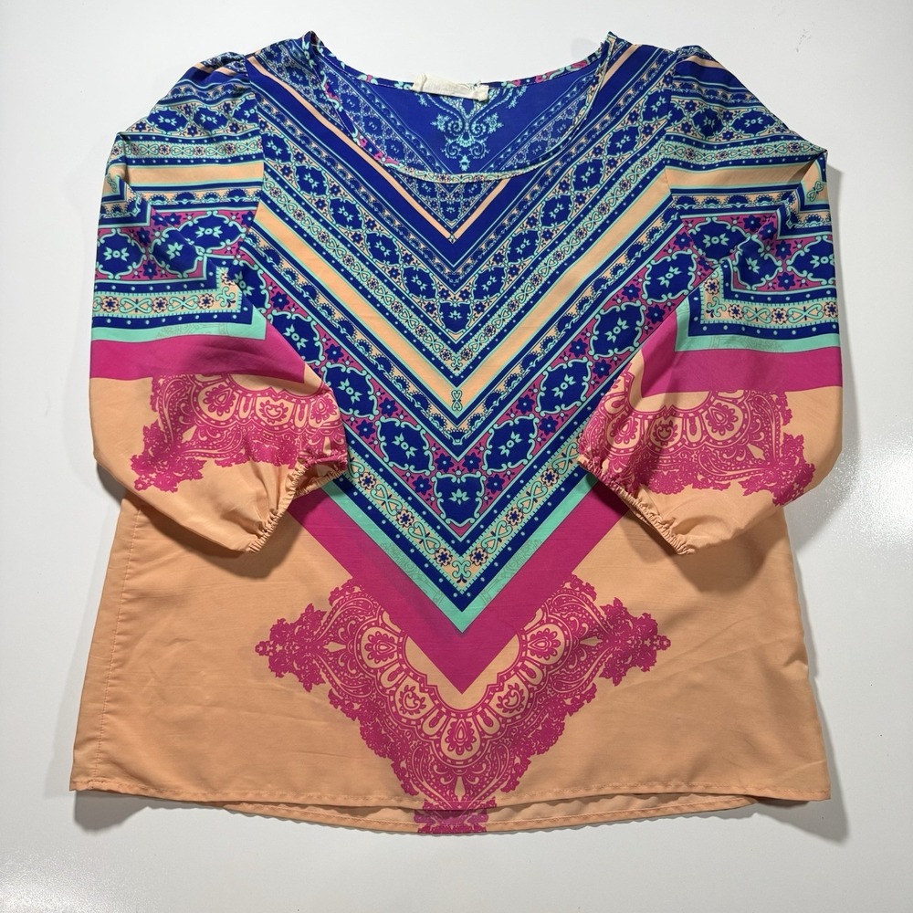 Blue Pink & Peach Boho V-Neck Chevron Print Blouse Geometric 3/4 Elastic Sleeves
